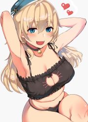 Rule 34 | 10s, 1girl, arms behind head, atago (kancolle), bell, beret, black bra, black panties, blonde hair, blue eyes, bra, breasts, cat lingerie, choker, cleavage, cleavage cutout, clothing cutout, fang, hat, heart, jingle bell, jpeg artifacts, kantai collection, large breasts, long hair, looking at viewer, meme attire, navel, neck bell, nuko (mikupantu), open mouth, panties, sitting, smile, solo, underwear