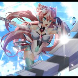 Rule 34 | 1girl, aqua eyes, bare shoulders, blurry, blurry foreground, breasts, cleavage, covered navel, highres, letterboxed, long hair, looking at viewer, maria cadenzavna eve, medium breasts, nyanmaru, open mouth, pink hair, senki zesshou symphogear, solo, water drop, weapon, whip sword