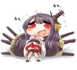Rule 34 | 10s, 1girl, bare shoulders, black hair, cannon, chibi, detached sleeves, esoragoto, fidgeting, fusou (kancolle), hair ornament, index fingers together, kantai collection, long hair, lying, on back, open mouth, panties, pantyshot, personification, red eyes, skirt, smile, solo, underwear, upskirt, white panties