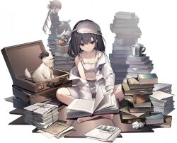 Rule 34 | 2girls, ash arms, bion (marfusha), book, bra, breasts, briefcase, closed mouth, collarbone, dog, jacket, long hair, looking at viewer, marfusha, multiple girls, official art, paper, pile of books, reading, shorts, sitting, small breasts, solo focus, strelka (marfusha), transparent background, underwear