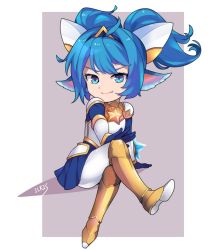 Rule 34 | 1girl, animal ears, arm support, armor, blue eyes, blue hair, boots, fang, gloves, grey background, hair ornament, ilris, league of legends, crossed legs, looking at viewer, matching hair/eyes, pleated skirt, poppy (league of legends), signature, simple background, sitting, skirt, smile, solo, star (symbol), star guardian (league of legends), star guardian poppy, twintails, yordle