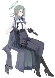 Rule 34 | 1girl, absurdres, beretta 92, black footwear, black gloves, black necktie, blue archive, boots, braided hair rings, breasts, chest harness, closed mouth, coat, coat on shoulders, coat partially removed, collared shirt, commentary request, crossed legs, full body, gloves, green hair, green halo, gun, halo, handgun, harness, high-waist pants, high heel boots, high heels, highres, holding, holding gun, holding weapon, invisible chair, kuyoumi, long hair, looking at another, mina (blue archive), necktie, pants, pinstripe jacket, pinstripe pattern, red eyes, shirt, short sleeves, simple background, sitting, small breasts, solo, striped, striped coat, sunglasses, vertical-striped coat, weapon, white background, white shirt