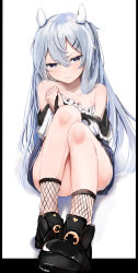 Rule 34 | 1girl, absurdres, bare shoulders, black border, black footwear, blue eyes, border, casual, collarbone, convenient leg, full body, grey hair, hair between eyes, hair ornament, hairclip, highres, i-203 (kancolle), kantai collection, long hair, looking at viewer, mok4suke, official alternate costume, simple background, solo, white background