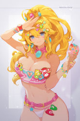 Rule 34 | 1-up mushroom, 1girl, ? block, alternate costume, arm up, bare shoulders, bead bracelet, beads, belt, bikini, blonde hair, blue eyes, blue nails, bracelet, breasts, brooch, character name, cherry, cleavage, cleavage cutout, closed mouth, clothing cutout, collar, commentary, cowboy shot, crown, detached collar, earrings, english commentary, facepaint, fire flower, food, frilled collar, frills, fruit, goomba, green nails, grey background, hair between eyes, hair ornament, hairclip, heart cutout, highres, holding, holding food, ice cream cone, jewelry, large breasts, long hair, looking at viewer, mario (series), multicolored nails, mushroommirror, nail polish, navel, nintendo, pink belt, pink bikini, pink nails, piranha plant, ponytail, princess peach, simple background, smile, solo, sparkle, sphere earrings, stomach, strapless, super mushroom, super star (mario), swimsuit, symbol-only commentary, thighs, tube top, watch, white bikini, wristband, wristwatch, yellow nails, yoshi egg