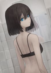Rule 34 | 1girl, absurdres, aqua eyes, arms at sides, back, back focus, bad reflection, bathroom, black bra, bra, brown eyes, closed mouth, commentary request, artistic error, from behind, hair between eyes, highres, indoors, looking at viewer, looking back, mirror, original, reflection, romaji commentary, short hair, solo, tile wall, tiles, towel, underwear, upper body, yoon cook