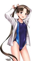 Rule 34 | 1girl, artist name, ayanami (kancolle), blue one-piece swimsuit, brown eyes, brown hair, cameltoe, collarbone, comb, competition swimsuit, cowboy shot, dated, flat chest, gluteal fold, hair ribbon, highres, jacket, kantai collection, long hair, looking at viewer, one-piece swimsuit, open mouth, ribbon, side ponytail, simple background, smile, solo, standing, swimsuit, teeth, track jacket, tsuchimiya, upper teeth only, very long hair, white background, white jacket