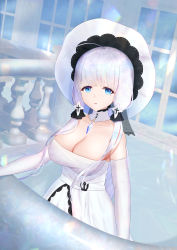 Rule 34 | 1girl, absurdres, azur lane, blue eyes, blue gemstone, breasts, cleavage, detached collar, dress, elbow gloves, gem, gloves, hat, highres, illustrious (azur lane), lace trim, large breasts, looking at viewer, mole, mole under eye, sawtooth, solo, strapless, strapless dress, sun hat, tri tails, white dress, white gloves, white hair, white hat