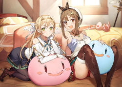 Rule 34 | 2girls, all fours, ankle boots, atelier (series), atelier ryza, atelier ryza 1, bed, beret, between legs, black pantyhose, black skirt, blonde hair, boots, bow, braid, breasts, brown footwear, brown hair, card, cleavage, comiket 103, commentary request, elbow gloves, elbow rest, fingerless gloves, french braid, gloves, green eyes, hair ornament, hairclip, hat, hat bow, head rest, high-waist skirt, high heel boots, high heels, indoors, jewelry, klaudia valentz, knees up, leaning on object, long hair, looking at viewer, multiple girls, neck ribbon, necklace, official art, on floor, pantyhose, playing card, puni (atelier), red shorts, reisalin stout, ribbon, shirt, short hair, short shorts, shorts, side braid, sidelocks, sitting, skirt, smile, star (symbol), star necklace, stuffed animal, stuffed rabbit, stuffed toy, thigh boots, thighhighs, thighhighs under boots, thighs, toridamono, white headwear, white shirt, white thighhighs
