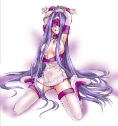 Rule 34 | 00s, 1girl, bdsm, blindfold, bondage, boots, bound, breasts, detached sleeves, fate/stay night, fate (series), large breasts, long hair, lowres, medusa (fate), medusa (rider) (fate), purple hair, slave, solo, thigh boots, thighhighs, very long hair
