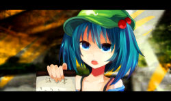 Rule 34 | 1girl, bad id, bad pixiv id, blue eyes, blue hair, collarbone, fang, female focus, hair bobbles, hair ornament, hat, holding, kawashiro nitori, letterboxed, matching hair/eyes, ogami ren, onoue ren, open mouth, portrait, short hair, solo, touhou, translation request, twintails, two side up