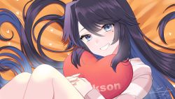 Rule 34 | 1girl, black eyes, black hair, grin, heart, heart-shaped pillow, highres, isuka, kson, long hair, looking at viewer, mole, mole under eye, pillow, signature, smile, solo, striped clothes, striped sweater, sweater, virtual youtuber, vshojo