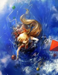 Rule 34 | 1girl, archlich, chain, female focus, from above, horns, ibuki suika, long hair, red eyes, reflection, reflective water, ribbon, ripples, solo, touhou, very long hair, water