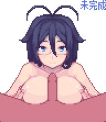 Rule 34 | 1girl, ahoge, animated, animated gif, black hair, blue eyes, borrowed character, breasts, glasses, hajime (yuuhi homare), hetero, large breasts, lowres, making-of, nipples, nude, paizuri, penis, pixel art, sb (coco1), solo focus, source request, uncensored, unfinished