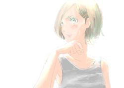 Rule 34 | 1girl, backlighting, brown hair, collarbone, din (pixiv25800872), green eyes, grey shirt, grey tank top, hair ornament, hairclip, looking to the side, original, parted bangs, parted lips, shirt, short hair, simple background, sleeveless, sweat, tank top, turning head, upper body, white background, wiping face, wiping sweat