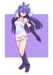 Rule 34 | 1girl, black footwear, black gloves, black hair, blush, boots, camisole, closed mouth, collarbone, elbow gloves, flower, flower on head, full body, gloves, hair flower, hair ornament, long hair, purple flower, rangycrow, smile, solo, touhou, white camisole, yomotsu hisami