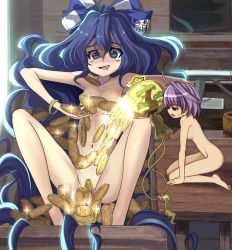 Rule 34 | 2girls, :d, ahoge, arm support, bangle, barefoot, blue bow, blue eyes, blue hair, blush, bow, bracelet, breasts, coin, collarbone, commentary request, convenient arm, convenient censoring, debt, drooling, gold, hair between eyes, hair bow, hair intakes, half-closed eyes, highres, holding, jewelry, kneeling, knees up, koban (gold), long hair, medium breasts, miracle mallet, mouth drool, multiple girls, navel, nose blush, nude, open mouth, purple hair, red eyes, short hair, sitting, smile, sparkle, stomach, sukuna shinmyoumaru, sweat, syope, tassel, tears, thighs, touhou, very long hair, yorigami shion