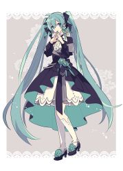 Rule 34 | 1girl, aqua eyes, aqua hair, black bow, black dress, black footwear, blue flower, blue rose, bow, center frills, closed mouth, commentary request, dress, floral background, flower, frills, full body, green nails, grey skirt, hair between eyes, hands up, hatsune miku, high heels, highres, kneehighs, long hair, nail polish, pantyhose, pleated dress, pleated skirt, rose, shirt, shoes, single kneehigh, single leg pantyhose, single sock, skirt, smile, socks, solo, standing, standing on one leg, steepled fingers, twintails, very long hair, vocaloid, white pantyhose, white shirt, white socks, yoshiki