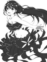 Rule 34 | 1girl, bad id, bad twitter id, blush, commentary request, dress, greyscale, hair ornament, highres, joint06, long hair, looking at viewer, love live!, love live! school idol festival, mermaid costume, monochrome, navel, open mouth, simple background, sleeveless, sleeveless dress, smile, solo, sonoda umi, white background