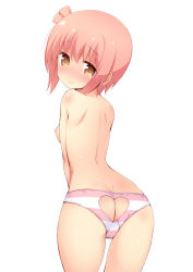 Rule 34 | 10s, 1girl, absurdres, ass, ass cutout, blush, breasts, brown eyes, butt crack, cameltoe, clothing cutout, from behind, hair between eyes, head tilt, heart cutout, highres, ichinose hana, looking at viewer, looking back, nipples, nose blush, one side up, panties, pink hair, shoulder blades, simple background, slow start, small breasts, solo, striped clothes, striped panties, sweat, topless, underwear, underwear only, white background, yuu (yumezakura)
