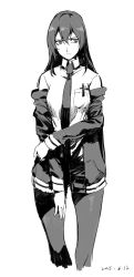 Rule 34 | 1girl, breast pocket, closed mouth, collared shirt, dated, feet out of frame, greyscale, hair between eyes, highres, jacket, long hair, makise kurisu, monochrome, necktie, off-shoulder jacket, off shoulder, open clothes, open jacket, pantyhose, pen, pen in pocket, pocket, ruukii drift, shirt, simple background, solo, steins;gate, white background, wing collar