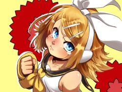 Rule 34 | 1girl, :t, angry, bare shoulders, blonde hair, blue eyes, bow, breasts, clenched hand, collarbone, crying, crying with eyes open, detached sleeves, from above, hair bow, hair ornament, hairclip, headset, highres, kagamine rin, looking at viewer, looking up, pout, sailor collar, sen (aypj8447), shirt, short hair, shorts, sleeveless, sleeveless shirt, small breasts, solo, tearing up, tears, v-shaped eyebrows, vocaloid, wavy mouth, white bow, yellow neckwear