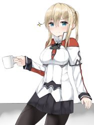 Rule 34 | 10s, 1girl, absurdres, anchor choker, bad id, bad pixiv id, blonde hair, blue eyes, breasts, capelet, coffee mug, commentary request, cup, doyagao, graf zeppelin (kancolle), hair between eyes, highres, holding, holding cup, jacket, kantai collection, large breasts, leaning on object, long hair, looking at viewer, military, military uniform, miniskirt, moyoron, mug, pantyhose, pleated skirt, skirt, smile, smug, solo, sparkle, troll face, twintails, uniform