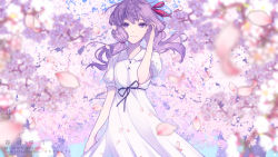 Rule 34 | 1girl, cherry blossoms, commentary request, cosplay, dress, fate/stay night, fate (series), hair ribbon, highres, koyubi right, long hair, looking at viewer, low twintails, matou sakura, matou sakura (cosplay), official alternate costume, petals, purple eyes, purple hair, red ribbon, ribbon, short sleeves, smile, solo, twintails, vocaloid, white dress, yuzuki yukari
