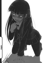 Rule 34 | 1girl, all fours, aoi manabu, black hair, blazer, blunt bangs, blush, female protagonist (houkago play), foreshortening, greyscale, highres, hime cut, houkago play, jacket, long hair, miniskirt, monochrome, naughty face, necktie, pantyhose, pleated skirt, school uniform, sidelocks, simple background, skirt, slit pupils, smile, solo, tongue, undressing, very long hair