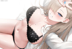 Rule 34 | 1girl, absurdres, asuna (blue archive), asymmetrical bangs, black bra, black panties, blue archive, blush, bra, breasts, breasts apart, collarbone, embroidered bra, fingernails, floral print, hair over one eye, highres, lace, lace-trimmed bra, lace trim, large breasts, light brown hair, long bangs, looking at viewer, lying, mole, mole on breast, nail polish, navel, on back, one eye covered, open clothes, open shirt, panties, patreon username, rosumerii, shirt, sideboob, smile, solo, stomach, underwear, white shirt