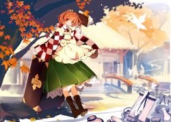 Rule 34 | 1girl, apron, book, boots, box, brown hair, holding, japanese clothes, kimono, leaf, lia-sama, looking at viewer, maple leaf, motoori kosuzu, red eyes, sitting, sitting on object, smile, solo, touhou, tree, two side up