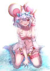 Rule 34 | 1girl, ;d, absurdres, animal ears, arm up, bare shoulders, between legs, bikini, bikini skirt, blue-framed eyewear, blush, breasts, cleavage, collarbone, commentary request, eyewear on head, granblue fantasy, hair between eyes, halterneck, hand between legs, highres, medium breasts, mouse ears, navel, off shoulder, one eye closed, open clothes, open mouth, open shirt, red eyes, scrunchie, shallow water, shibakame, shirt, short sleeves, silver hair, sitting, smile, solo, star-shaped eyewear, star (symbol), striped bikini, striped clothes, sunglasses, sunglasses on head, sunglasses removed, swimsuit, teeth, unworn eyewear, upper teeth only, vikala (blooming summer wallflower) (granblue fantasy), vikala (granblue fantasy), wariza, water, white background, white shirt, wrist scrunchie