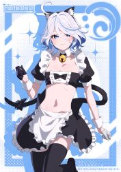 Rule 34 | 1girl, ahoge, alternate costume, animal ears, aoi suzu, apron, asymmetrical gloves, black gloves, black hairband, black skirt, black thighhighs, blue eyes, blue hair, breasts, cat ears, cat tail, closed mouth, collar, detached collar, drop-shaped pupils, enmaided, fake animal ears, fake tail, frilled skirt, frills, furina (genshin impact), genshin impact, gloves, hair between eyes, hairband, half gloves, hand up, highres, looking at viewer, maid, maid apron, mismatched gloves, multicolored hair, navel, short hair, short sleeves, skirt, small breasts, solo, standing, standing on one leg, stomach, streaked hair, symbol-shaped pupils, tail, thighhighs, white apron, white collar, white gloves, white hair