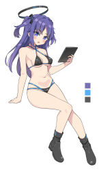 1girl alternate_costume bare_legs bare_shoulders bikini black_bikini blue_archive blush breasts color_guide full_body halo hatsunatsu holding holding_tablet_pc long_hair looking_at_viewer mechanical_halo medium_breasts navel open_mouth purple_eyes purple_hair simple_background solo stomach string_bikini swimsuit tablet_pc two_side_up white_background yuuka_(blue_archive)