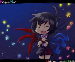 Rule 34 | 1girl, asymmetrical wings, black hair, blush, character name, chibi, copyright name, female focus, houjuu nue, open mouth, polearm, short hair, solo, spear, thighhighs, touhou, trident, undefined fantastic object, weapon, wings, yamabuki (yusuraume), zettai ryouiki