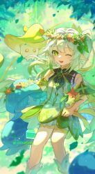 Rule 34 | 1girl, 3others, absurdres, dress, flower, fungi (genshin impact), genshin impact, gradient hair, green eyes, green hair, hair between eyes, hair flower, hair ornament, highres, long hair, looking at viewer, multicolored hair, multiple others, nahida (genshin impact), one eye closed, open mouth, pointy ears, side ponytail, smile, suzushi, symbol-shaped pupils, teeth, upper teeth only, white dress, white hair