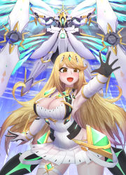 Rule 34 | absurdres, bare shoulders, blonde hair, breasts, chest jewel, cleavage, cleavage cutout, clothing cutout, dress, earrings, elbow gloves, gem, gloves, headpiece, highres, jewelry, large breasts, litiya, long hair, mythra (xenoblade), short dress, swept bangs, tiara, very long hair, white dress, white gloves, xenoblade chronicles (series), xenoblade chronicles 2, yellow eyes