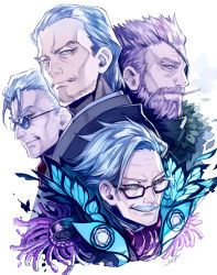 Rule 34 | 4boys, beard, black-framed eyewear, bug, butterfly, cigarette, eyepatch, facial hair, fate/grand order, fate (series), glasses, glint, hair slicked back, highres, insect, james moriarty (archer) (fate), kyosuke, li shuwen (fate), li shuwen (old) (fate), looking at viewer, male focus, mouth hold, multiple boys, mustache, old, old man, purple eyes, smoking, stubble, white background, white hair, william tell (fate), yagyuu munenori (fate), yellow eyes