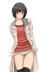 Rule 34 | 1girl, absurdres, amagami, black hair, black thighhighs, brown eyes, cameltoe, coat, collarbone, commentary, cowboy shot, highres, long coat, looking at viewer, nanasaki ai, no pants, panties, panty pull, parted lips, pulling own clothes, raised eyebrows, red sweater, short hair, simple background, solo, sweater, tanline peek, thigh gap, thighhighs, thumb in beltline, toggles, underwear, white background, white coat, white panties, yoo tenchi