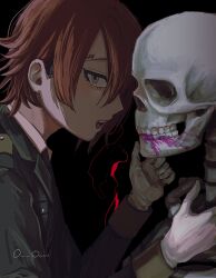 Rule 34 | 1boy, black background, black jacket, blood, from side, gloves, grey eyes, hands up, highres, jacket, long sleeves, looking at viewer, male focus, master detective archives: rain code, open mouth, pink blood, red hair, shirt, short hair, skeleton, solo, sumi (o ooov), twitter username, upper body, white gloves, white shirt, yomi hellsmile