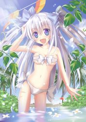 Rule 34 | 1girl, :d, bandeau, bikini, blue eyes, blush, breasts, cleavage, flower, front-tie top, highres, large breasts, long hair, multicolored eyes, open mouth, original, pool, purple eyes, quin (himegata alice), silver hair, smile, soaking feet, solo, standing, strapless, swimsuit, tube top, twintails, two side up, very long hair, wading, water, white bikini