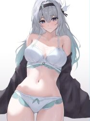 Rule 34 | 1girl, bakemonsou, bare shoulders, black hairband, black jacket, bra, commentary, cowboy shot, firefly (honkai: star rail), grey hair, hairband, highres, honkai: star rail, honkai (series), jacket, long hair, long sleeves, looking at viewer, navel, off shoulder, open clothes, open jacket, panties, purple eyes, simple background, solo, standing, stomach, thighs, underwear, very long hair, white background, white bra, white panties