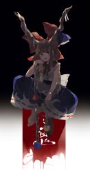 Rule 34 | absurdly long hair, absurdres, barefoot, belt, black background, black sash, blue skirt, bow, brown eyes, brown hair, brown horns, chain, commentary request, cube, cuffs, full body, gradient background, hair bow, highres, horn ornament, horn ribbon, horns, ibuki suika, knee up, large bow, long hair, long toenails, low-tied long hair, multicolored clothes, multicolored skirt, neckerchief, o (crazyoton46), orb, purple ribbon, pyramid (geometry), red bow, red neckerchief, red ribbon, ribbon, ribbon-trimmed skirt, ribbon trim, sash, shackles, shirt, sidelocks, skirt, sleeveless, sleeveless shirt, slit pupils, toenails, touhou, very long hair, white bow, white ribbon, white shirt, white skirt