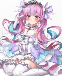 Rule 34 | 1girl, ahoge, anchor symbol, blue hair, blush, bow, breasts, collar, colored inner hair, commentary request, dress, earrings, elbow gloves, frilled thighhighs, frills, gloves, hair ribbon, hands in hair, hands up, highres, hololive, jewelry, kito koruta, long hair, looking at viewer, medium breasts, minato aqua, minato aqua (aqua iro super dream), multicolored hair, necklace, parted lips, pink eyes, pink hair, purple bow, ribbon, signature, simple background, sitting, smile, solo, thighhighs, tiara, twintails, two-tone hair, very long hair, virtual youtuber, wariza, white background, white collar, white dress, white gloves, white thighhighs