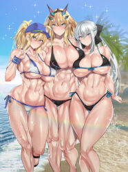 Rule 34 | 3girls, artist request, barghest (fate), bikini, blonde hair, breasts, cleavage, fate (series), grey hair, hat, highres, huge breasts, koucha indian, large breasts, long hair, morgan le fay (fate), multiple girls, muscular, muscular female, mysterious heroine x (fate), mysterious heroine xx (fate), source request, swimsuit