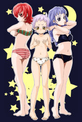 Rule 34 | 3girls, alfa system, ange serena, barefoot, blue hair, bow, bow panties, bra, breast conscious, breasts, covering breasts, covering privates, crescent, flat chest, hermana larmo, iria animi, long hair, multiple girls, outline, panties, pigeon-toed, purple hair, red eyes, red hair, short hair, small breasts, star (symbol), striped clothes, striped panties, tales of (series), tales of innocence, topless, underwear, underwear only