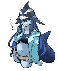 Rule 34 | 1girl, animal hat, baniran dorosu, baseball cap, blue eyes, blue hair, breasts, cetacean tail, cleavage, colored inner hair, colored skin, crop top, cropped legs, fins, fish tail, grey skin, hair flaps, hair over one eye, hat, hood, hoodie, long sleeves, looking at viewer, midriff, multicolored hair, navel, orca girl, original, short shorts, shorts, sketch, smile, solo, spaghetti strap, tail, translated, two-tone hair