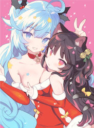 Rule 34 | 2girls, ahoge, aimani (vtuber), animal ear fluff, animal ears, arm up, bare shoulders, bell, black hair, blade (galaxist), blue eyes, blue hair, blush, bow, breasts, cat ears, cat girl, cat tail, cleavage, closed mouth, collarbone, commentary request, double bun, dress, fur-trimmed dress, fur-trimmed sleeves, fur trim, hair bell, hair bun, hair ornament, highres, jingle bell, long hair, long sleeves, medium breasts, mizuboshi yamu, multicolored hair, multiple girls, multiple tails, nekoyama nae, pink background, pink bow, pink hair, red dress, red eyes, red sleeves, santa costume, short eyebrows, simple background, sleeves past wrists, smile, sparkle, star (symbol), star hair ornament, strapless, strapless dress, streaked hair, tail, tail bow, tail ornament, thick eyebrows, toranoana, two tails, v, very long hair, virtual youtuber, yellow bow
