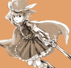 Rule 34 | 10s, 1girl, :o, arcana dueler (granblue fantasy), bad id, bad twitter id, belt, cape, djeeta (granblue fantasy), dress, elbow gloves, feathers, gloves, granblue fantasy, hand on headwear, hat, hat feather, highres, holding, holding sword, holding weapon, lace, lace-trimmed dress, lace trim, leele (maruet), long sleeves, open mouth, orange background, sepia, short hair, simple background, solo, sword, weapon