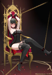 Rule 34 | 1girl, armpits, arms up, au11, black gloves, black panties, black thighhighs, blood, blush, boots, bound, bound ankles, bound wrists, breasts, chain, chained, chair, closed mouth, clothes lift, dagger, dress, dress lift, fingerless gloves, flower, full body, gloves, gold, gold hairband, hair flower, hair ornament, hairband, high heel boots, high heels, highres, holding, holding dagger, holding knife, holding weapon, knife, large breasts, long hair, looking at viewer, panties, panty peek, raised eyebrows, red eyes, rose, short dress, sidelocks, sitting, solo, spikes, spy x family, tearing up, tears, thigh boots, thighhighs, thorns, throne, underwear, weapon, yor briar