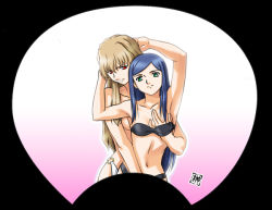 Rule 34 | 00s, 2girls, alternate costume, armpits, arms up, artist request, bare arms, bare shoulders, bikini, black background, black bikini, blue hair, breasts, closed mouth, collarbone, couple, female focus, fujino shizuru, grabbing, grabbing another&#039;s breast, grabbing from behind, gradient background, green eyes, hair between eyes, hand under clothes, hand under swimsuit, hand up, hands on another&#039;s head, head tilt, implied fingering, kuga natsuki, light brown hair, looking at viewer, medium breasts, midriff, multiple girls, my-hime, navel, neck, o-ring, o-ring bikini, o-ring bottom, o-ring swimsuit, pink background, red eyes, sidelocks, small breasts, smile, standing, strapless, strapless bikini, swept bangs, swimsuit, topless, uchiwa (medium), white background, white bikini, yuri